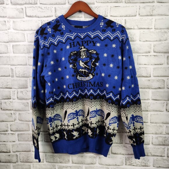 Harry Potter Ravenclaw Happy Christmas Adult Size Medium Blue Black Ugly Sweater - Picture 1 of 8